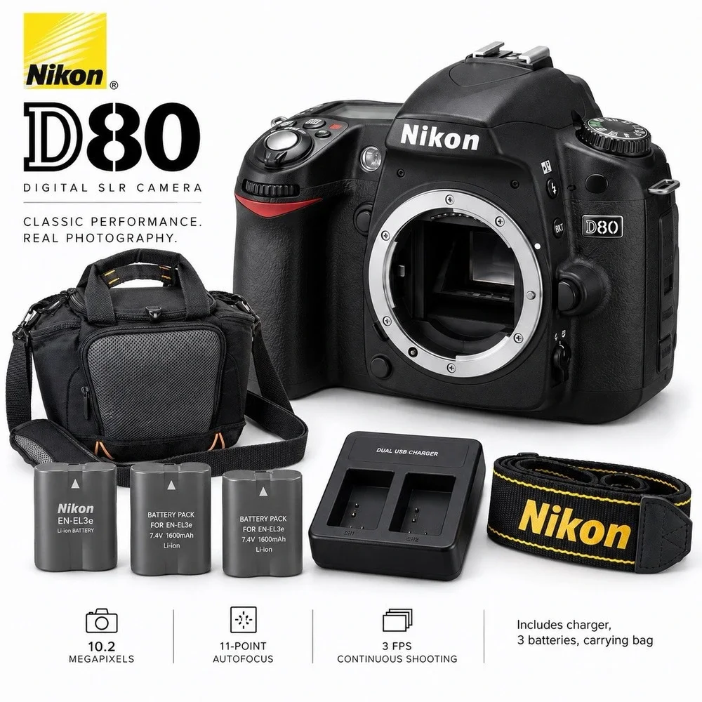 Nikon D80 10.2MP DSLR Digital Camera Body ERR + 3 Batteries With Charger + Bag